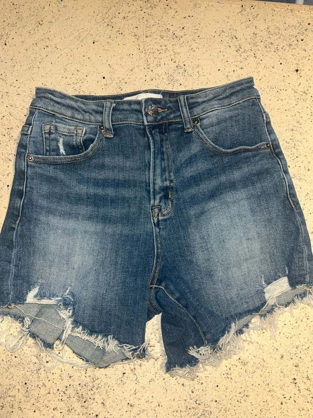 Risen Jean Distressed Raw Hem Denim Shorts Size S